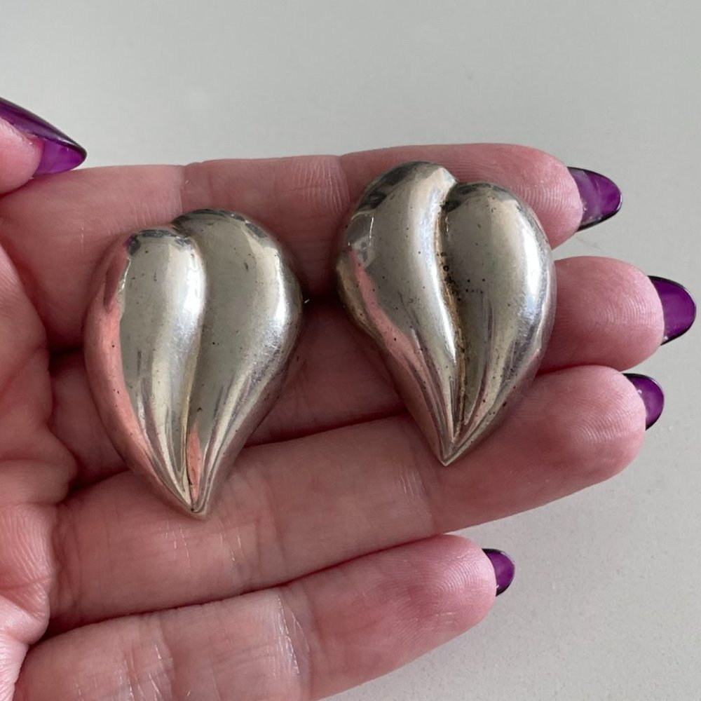 Vintage Large Abstract Sterling Silver Heart Earrings